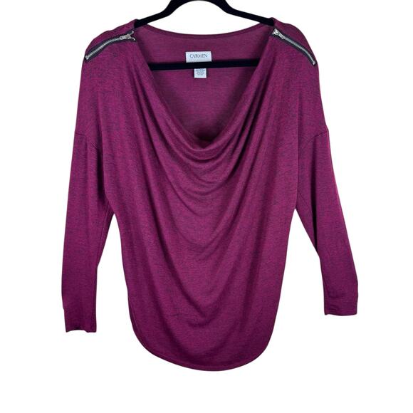 Carmen Marc Valvo Fuchsia Draped Neck Long Sleev Lightweight Knit Top Size L - Picture 1 of 7